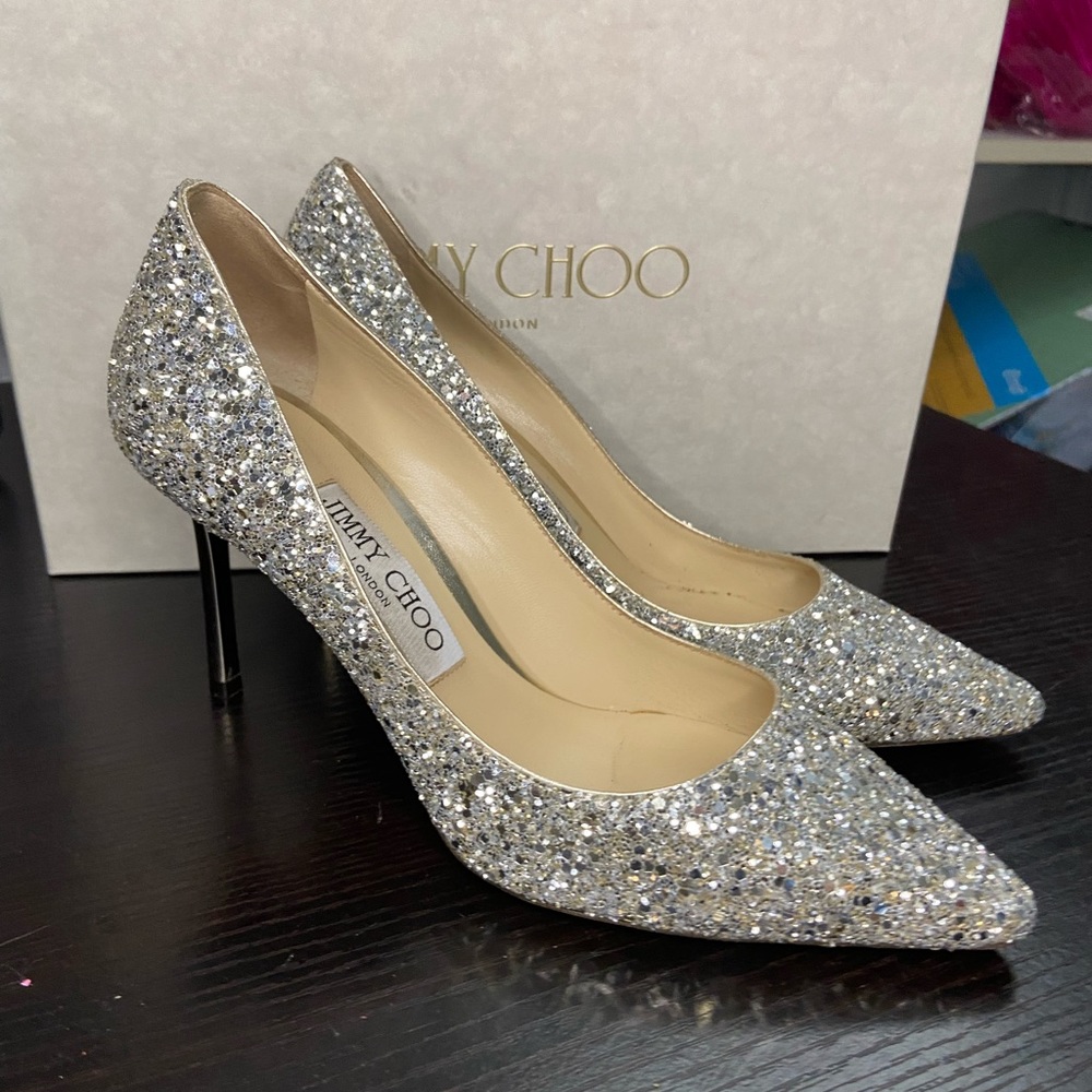 Jimmy Choo ROMY 85 Champagne Heels. Size 37- US 6.5. Worn ONCE.